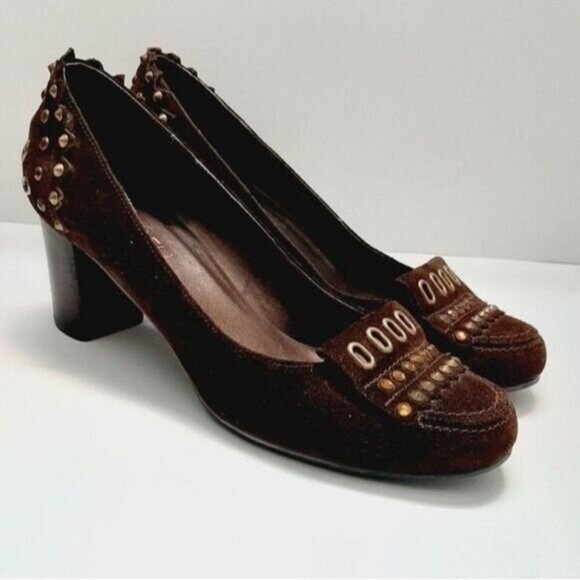 VANELI Studded Brown Suede Chunky Heel Sz 7.5 M - Picture 1 of 11